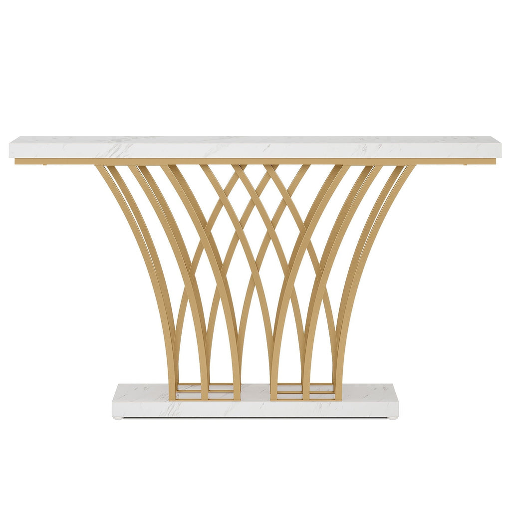 White & Gold Console Table with Grid Base - Faux Marble Top