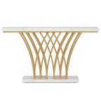 White & Gold Console Table with Grid Base - Faux Marble Top