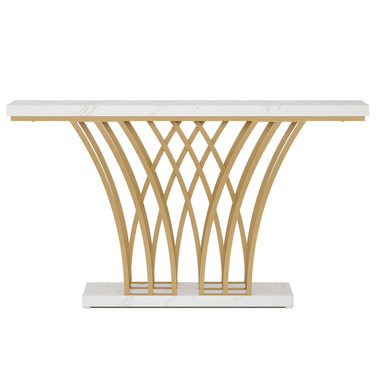 White & Gold Console Table with Grid Base - Faux Marble Top