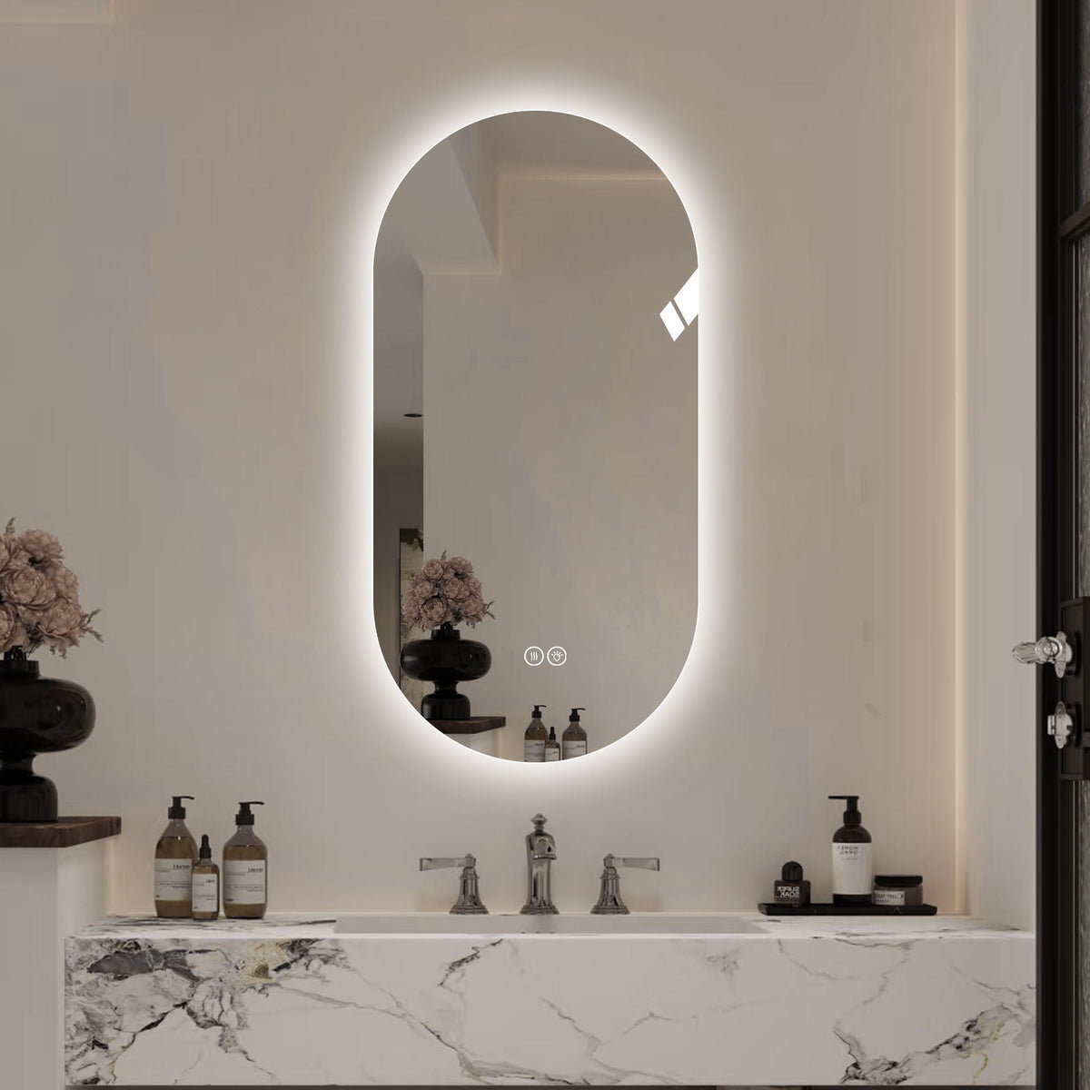 Smart LED Wall Mounted Mirror with Touch Screen and Adjustable Lighting - Pearl Silver