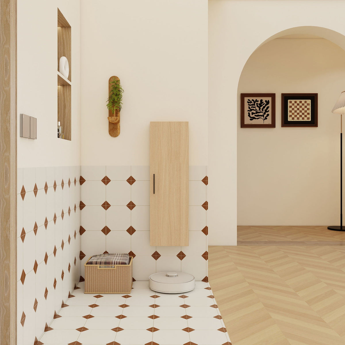 Tall Floating Bathroom Side Cabinet with Adjustable Shelving - Light Oak