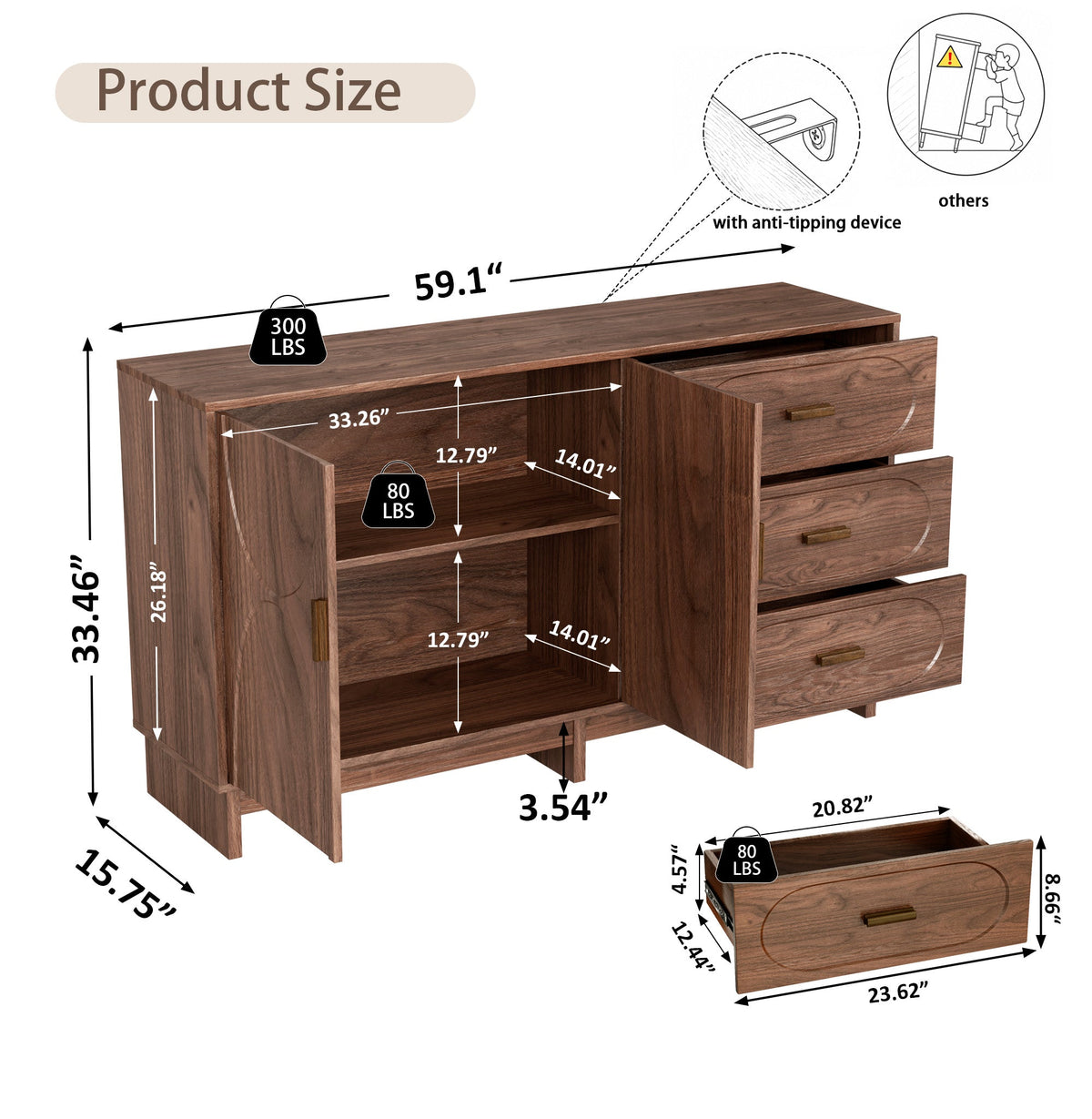 59.1" Buffet Sideboard with Adjustable Shelf and 3 Drawers - Walnut