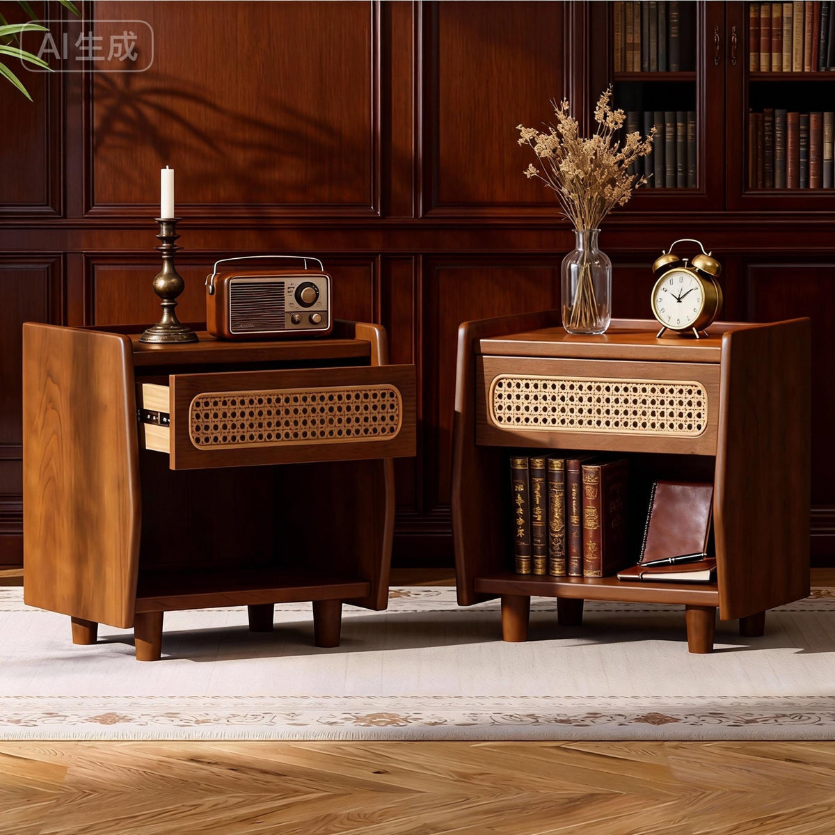 Walnut Nightstand with Rattan Detail for Modern Bedrooms - Walnut