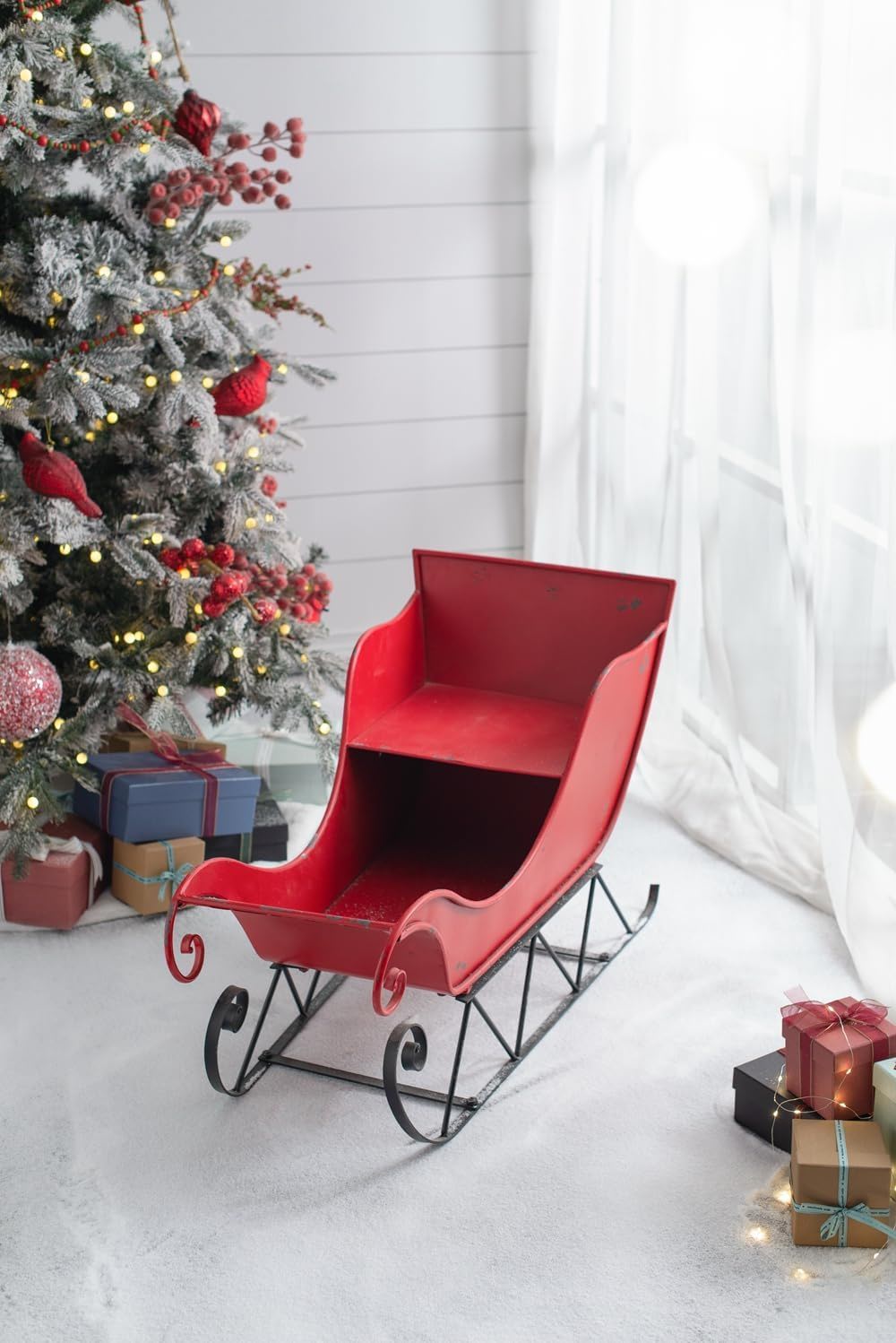 Red Iron Christmas Santa Sleigh Decoration with Durable Iron Construction
