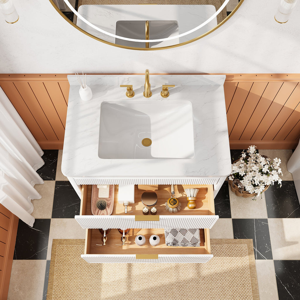 Fully Assembled 36'' Bathroom Vanity with Carrara Stone Top - White