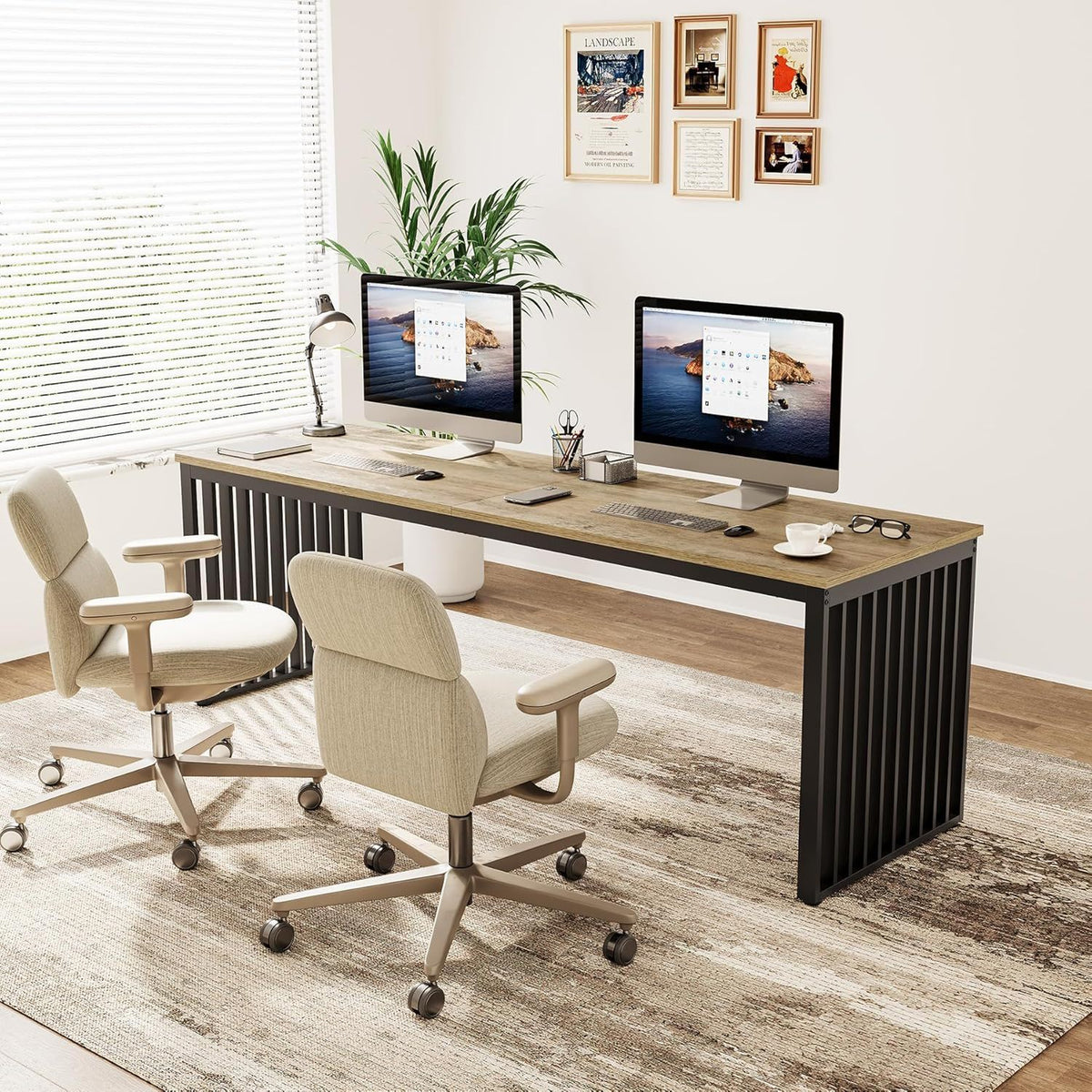 Double Computer Desk for 2 Person with Extra Long Workstation - Dark Gray or Light Brown