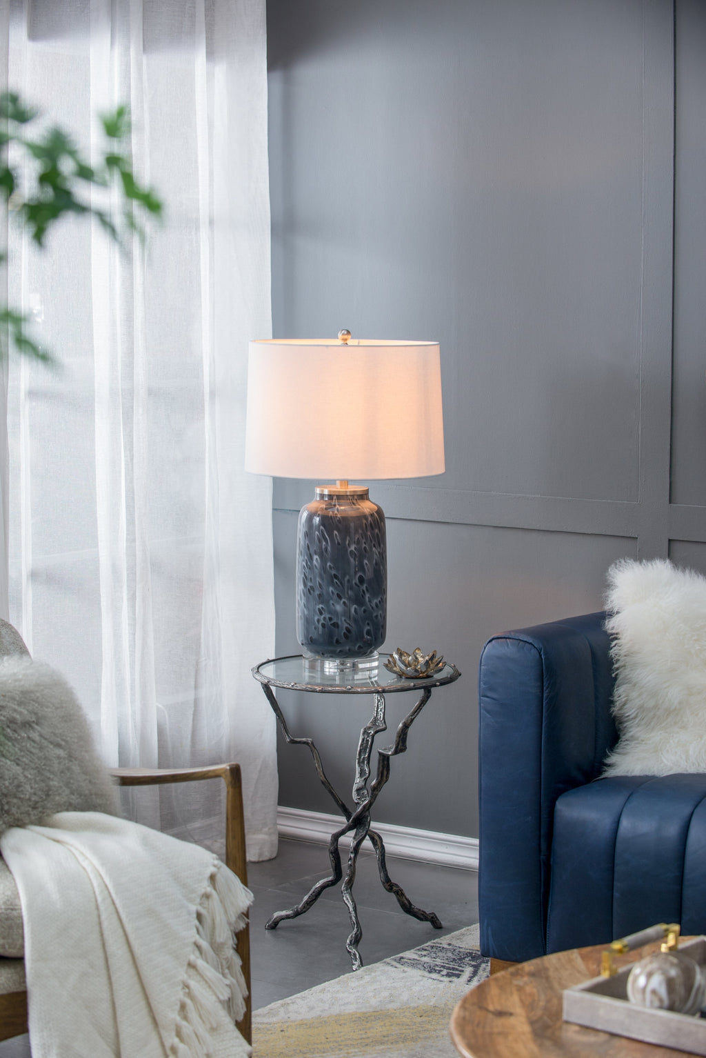 Ellis Glass Table Lamp with Blue Base and Linen Shade
