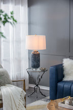 Ellis Glass Table Lamp with Blue Base and Linen Shade
