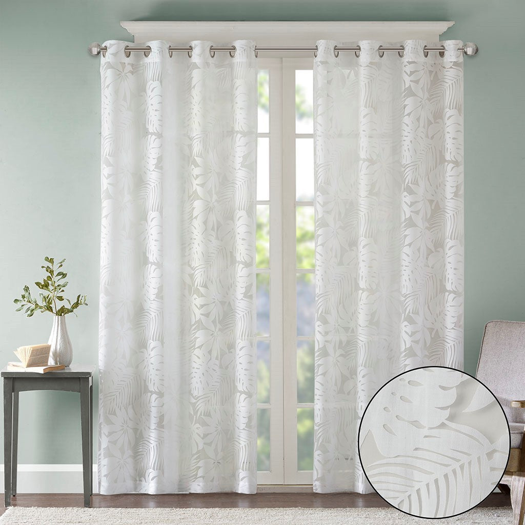 Palm Leaf Burnout Sheer Window Curtain with Grommets - White