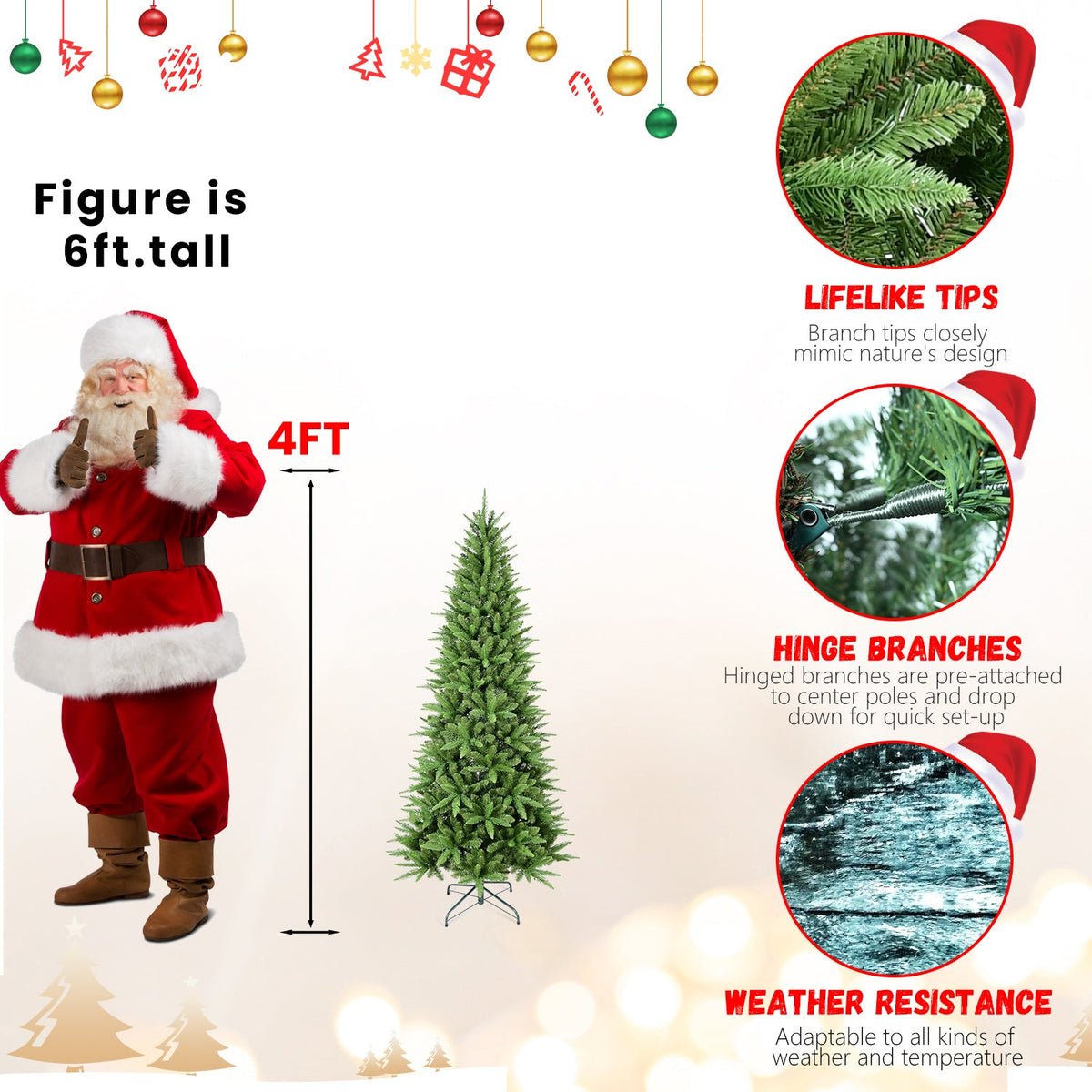6FT Slim Christmas Tree with Hinged Branches - Green