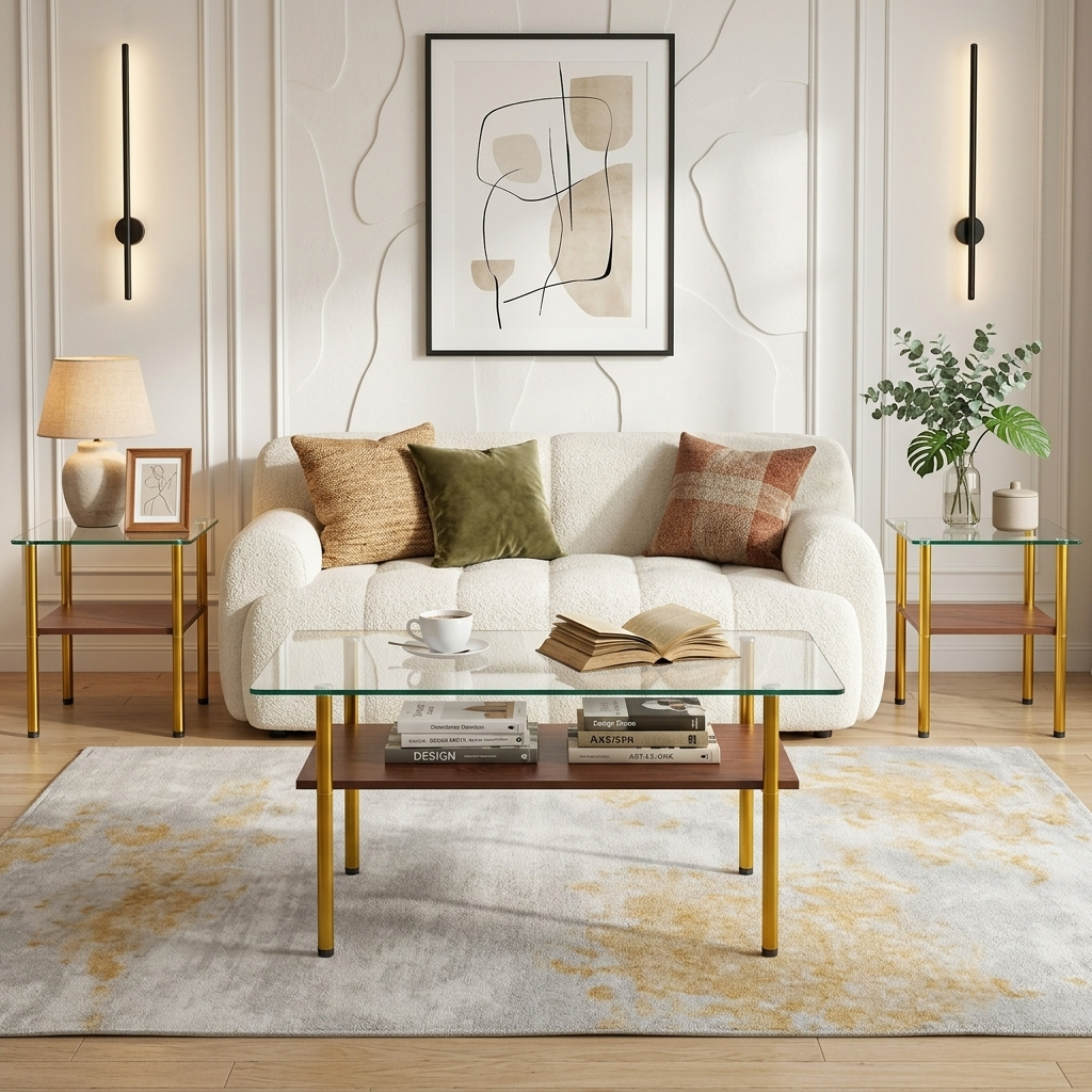 Modern Glass Coffee Table and End Tables Set of 3 with Golden Metal Legs
