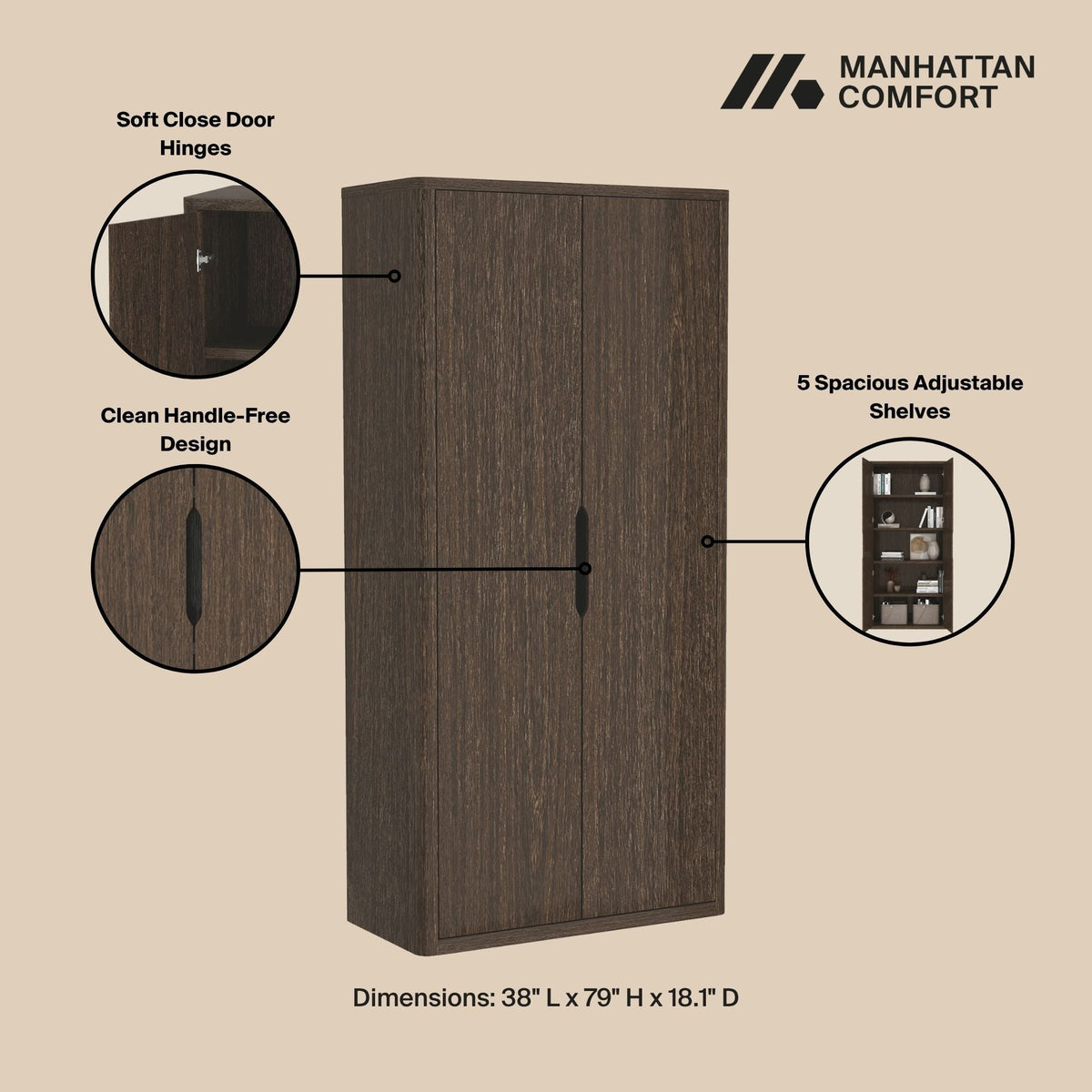Rivington Bookcase Cabinet with Adjustable Shelves - Black, Dark Brown, or Light Brown