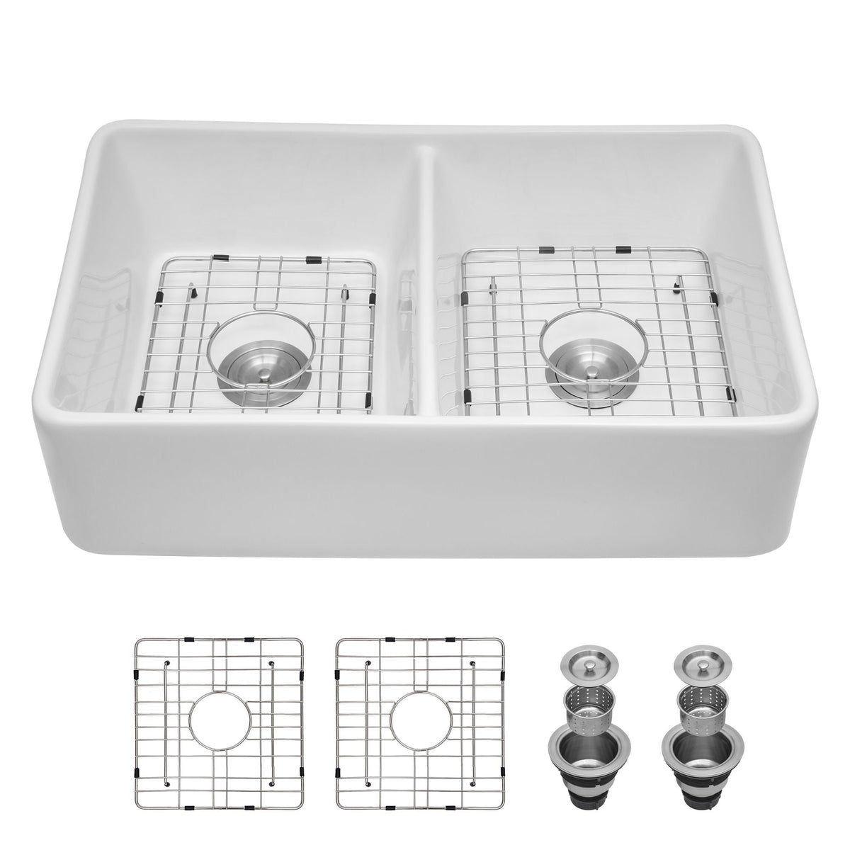 Double Bowl Apron Front Kitchen Sink with Scratch Resistance - White