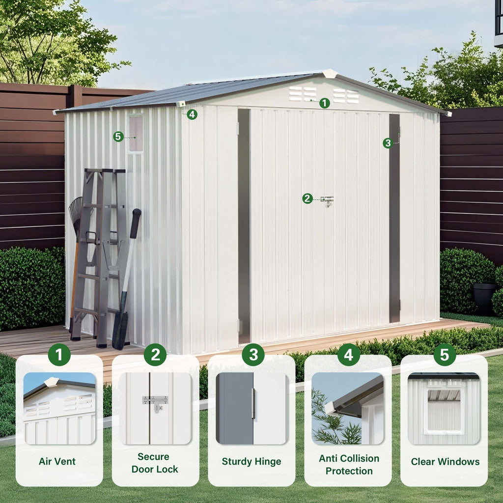 Outdoor Garden Storage Shed with Lockable Doors and Window - White / Gray