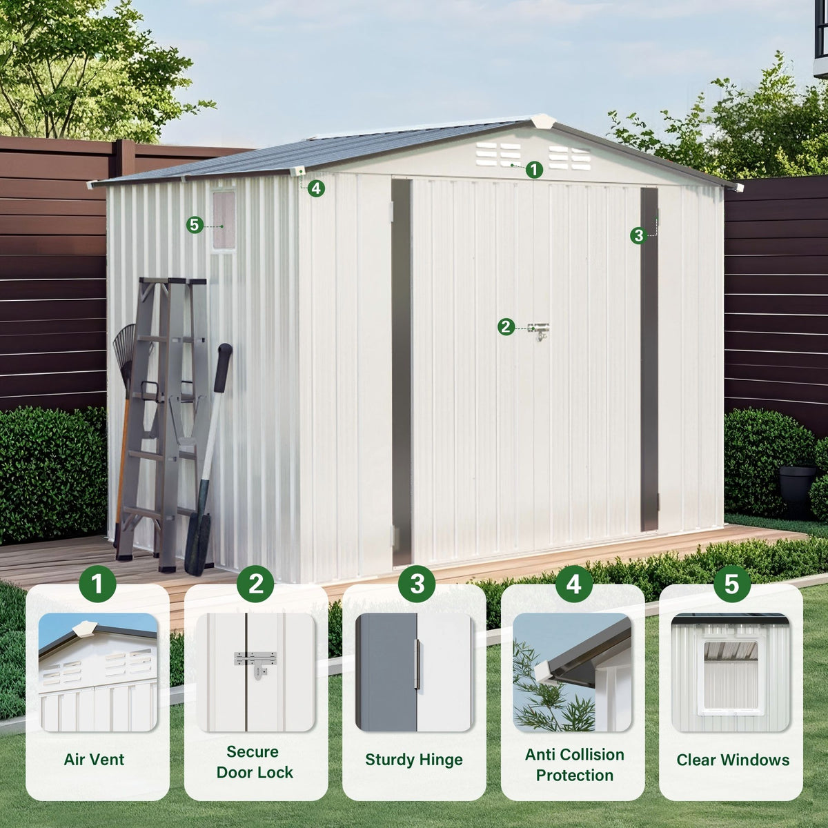 Outdoor Garden Storage Shed with Lockable Doors and Window - White / Gray