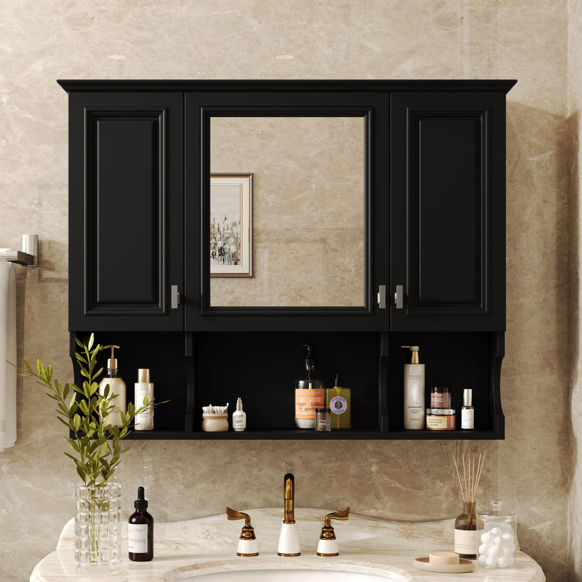 Wall Mounted Bathroom Medicine Cabinet With Mirror & Open Shelves