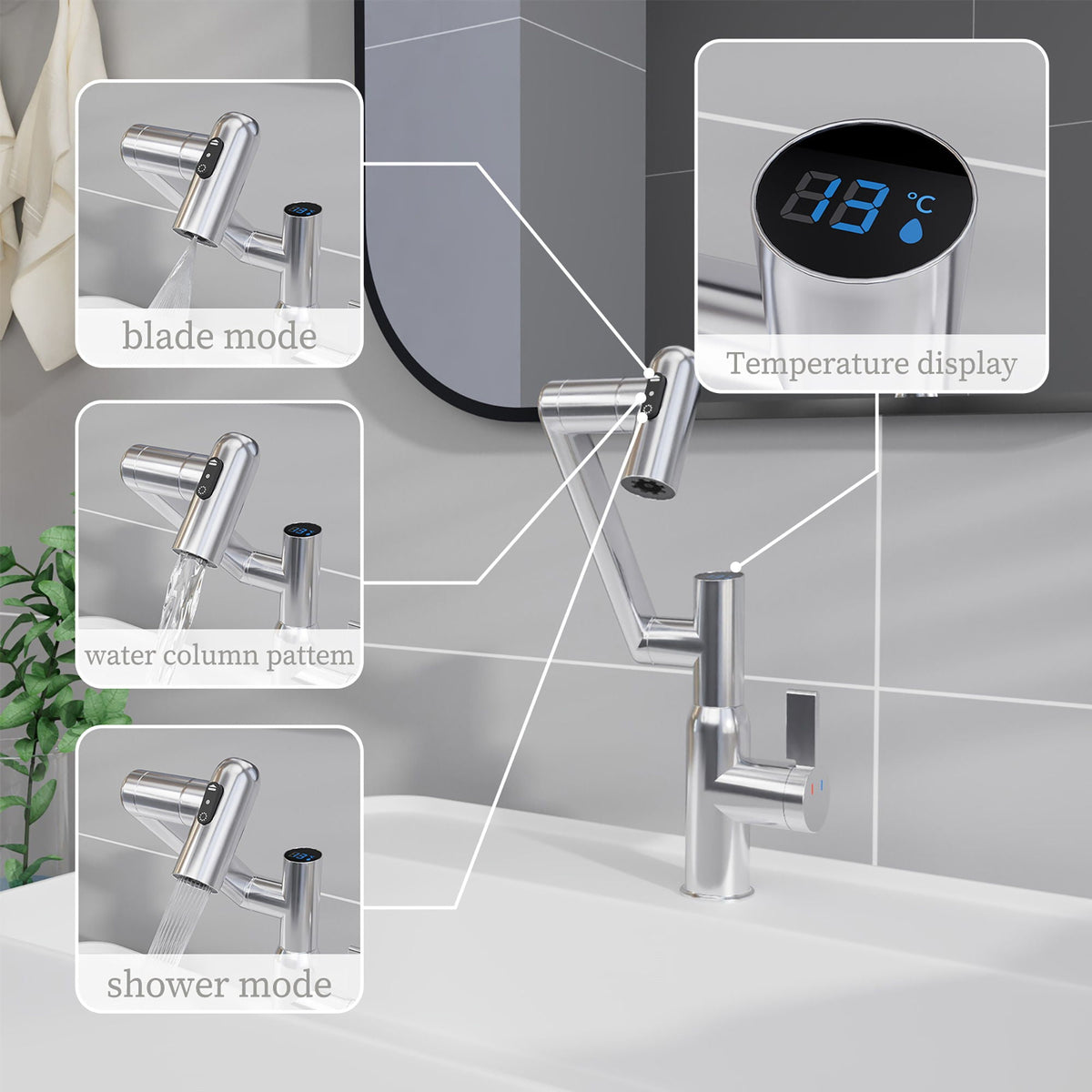 Bathroom Sink Faucet with Spray Function and Temperature Display - Black or Pearl Silver