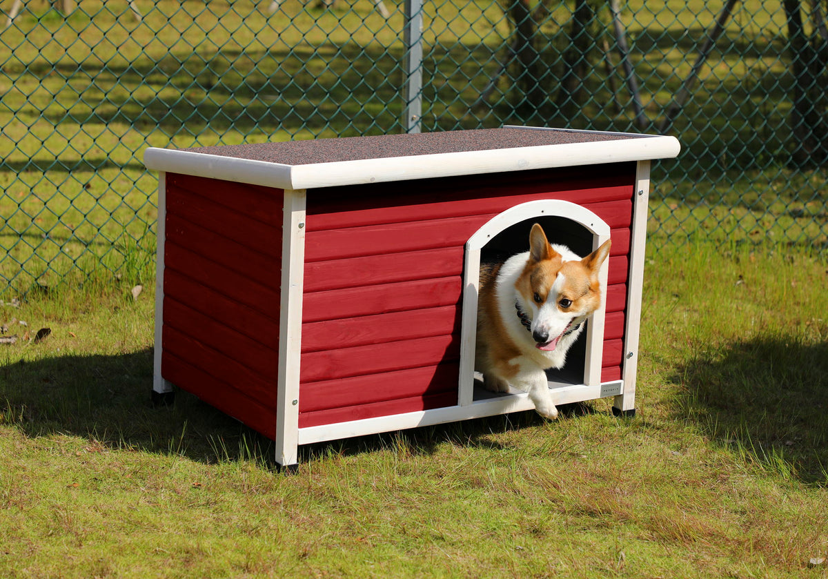 Medium Wooden Outdoor Dog House with Waterproof Roof and Elevated Floor - Dark Gray or Dark Red
