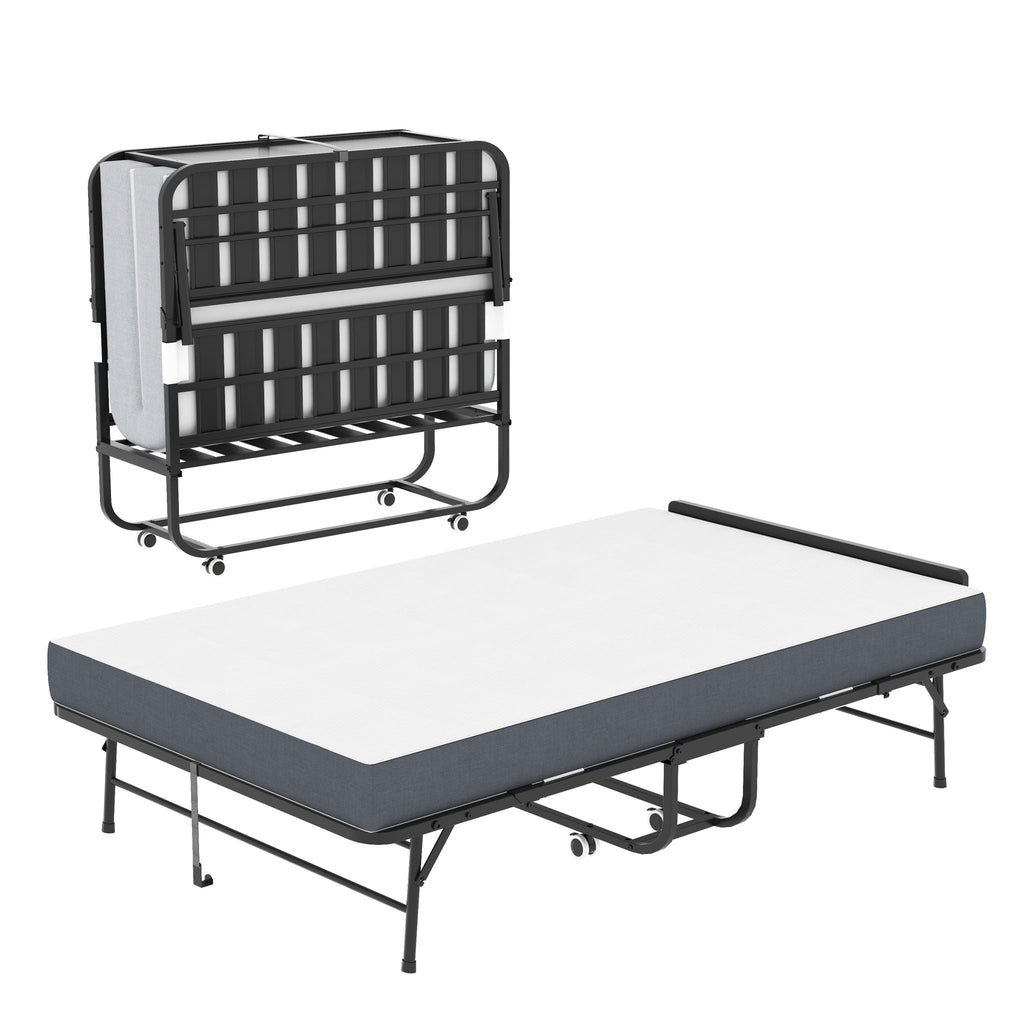 Twin Wide Folding Rollaway Bed with Adjustable Headboard and Memory Foam Mattress - Black
