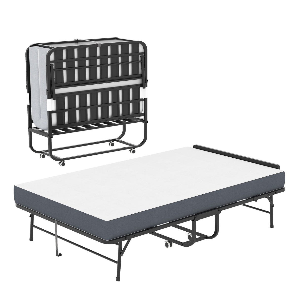 Twin Wide Folding Rollaway Bed with Adjustable Headboard and Memory Foam Mattress - Black