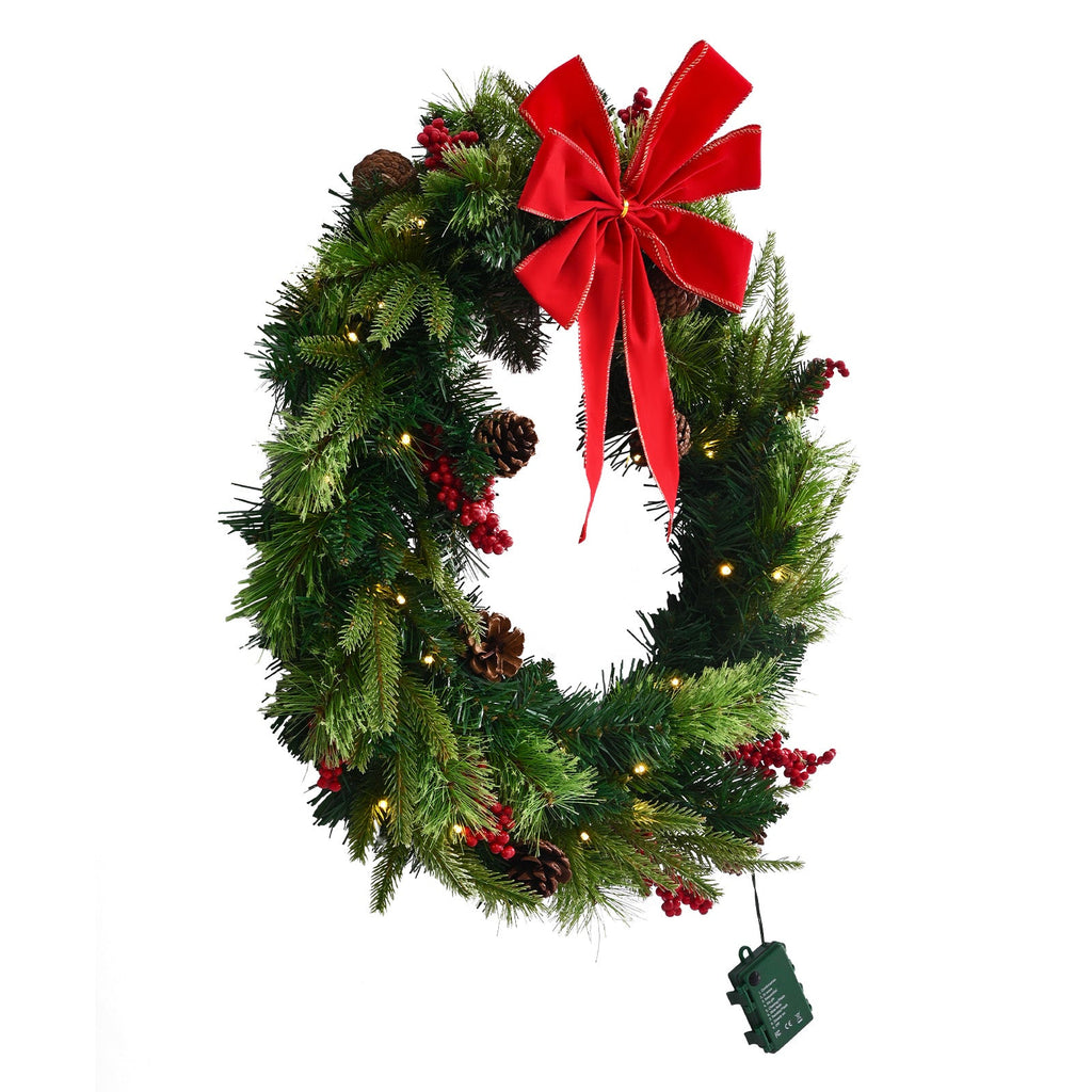24-Inch Pre-Lit Artificial Christmas Wreath with Timer - Warm White LEDs