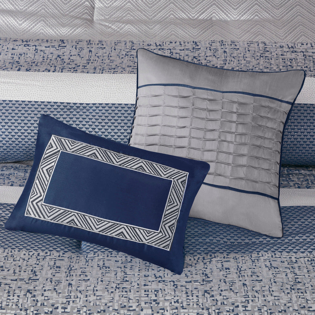 Jacquard Comforter Set 7 Piece with Decorative Pillows - Navy and Grey