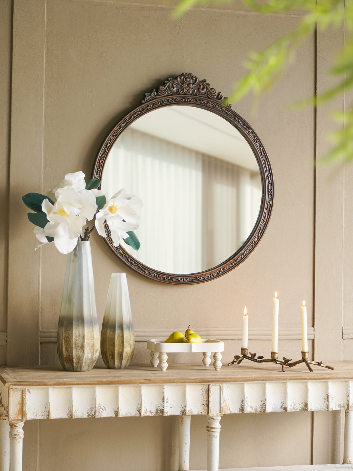 31.5" Round Antique Wall Mirror with Hand-Carved Pediment - Wood