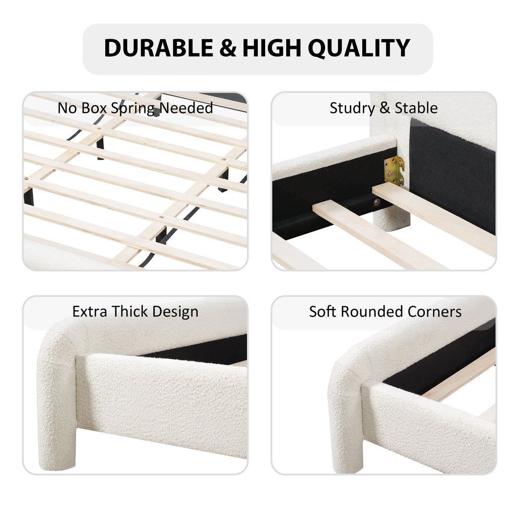 King Size Upholstered Platform Bed Frame with Curved Headboard - Boucle