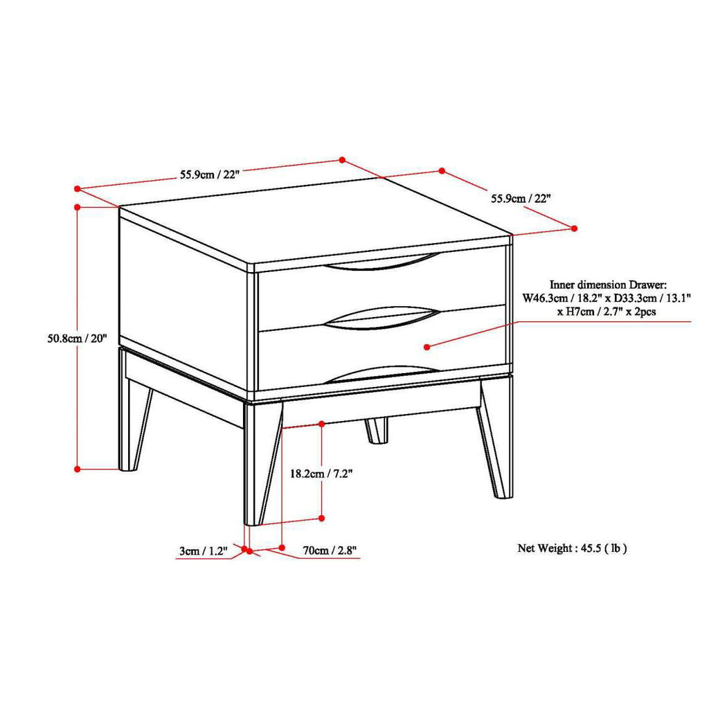 Handcrafted End Table with 2 Drawers - Light Brown, Dark Brown, or Black