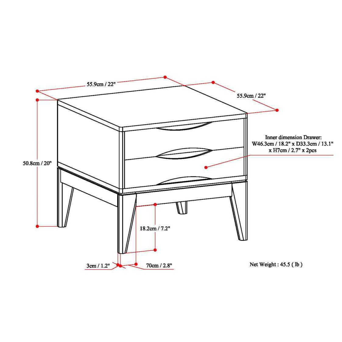 Handcrafted End Table with 2 Drawers - Light Brown, Dark Brown, or Black