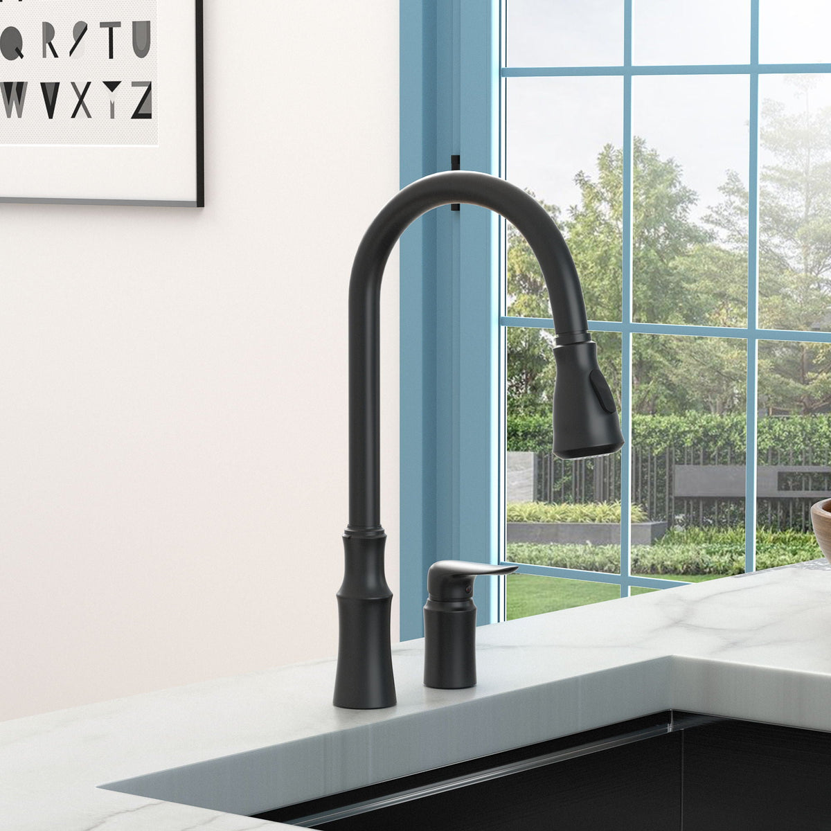 Matte Black Kitchen Sink Faucet with Pull Down Sprayer - Lead-Free Brass