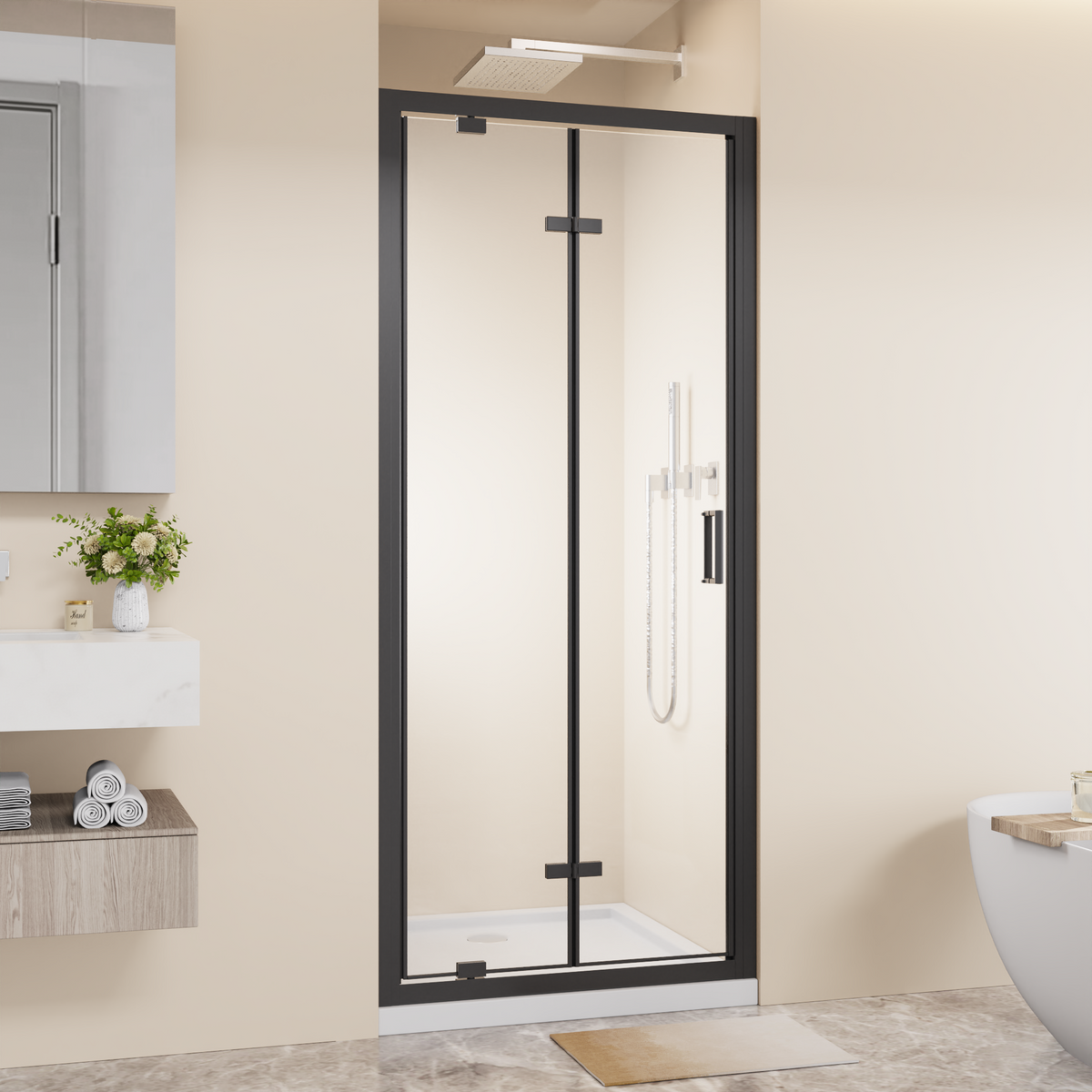 Framed Bi-fold Pivot Shower Door with Tempered Glass - Clear