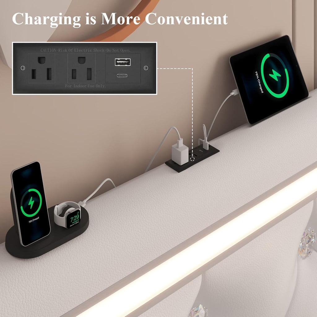 Wingback Upholstered Bed Frame with LED Lights and Charging Station - Black or White