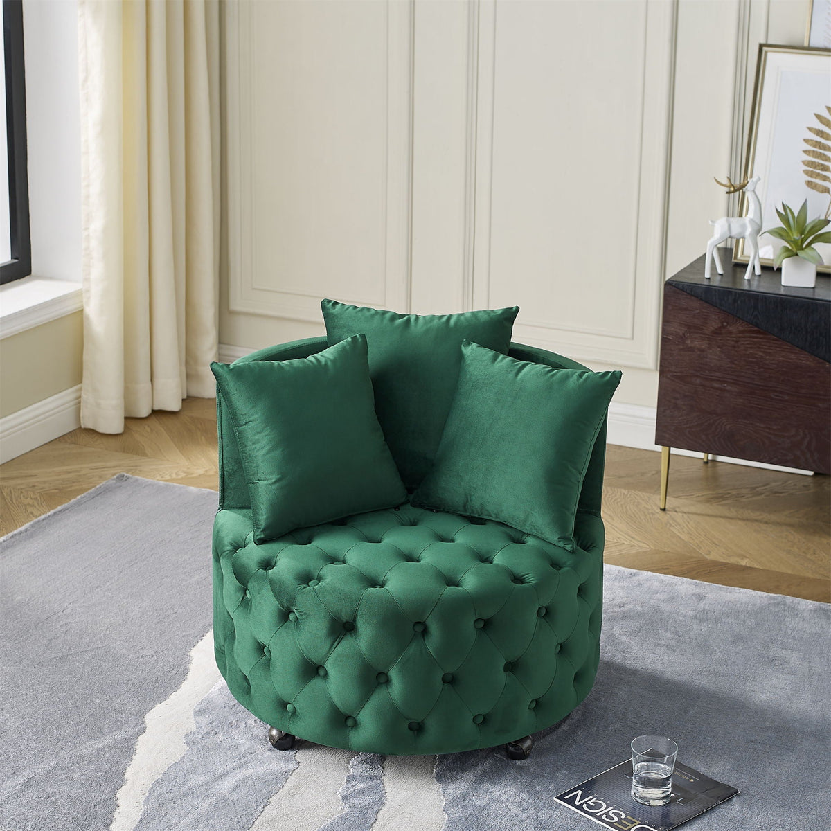 Modern Upholstered Swivel Chair with Button Tufted Design and Movable Wheels - Multiple Colors