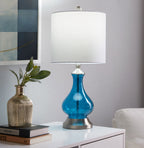 Contemporary Table Lamp with Seeded Glass - Clear Sapphire Blue / Nickel / White