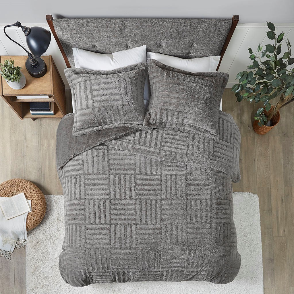 Grey Fur Down Alternative Comforter Mini Set with Checkerboard Texture - Grey