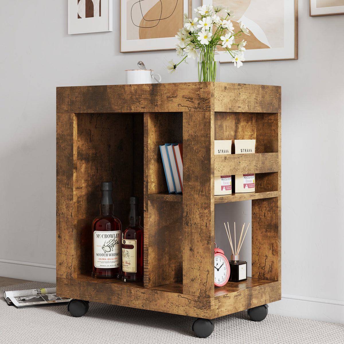 Mid-century Modern Movable Side Cabinet with Sliding Handle - Natural Rubberwood