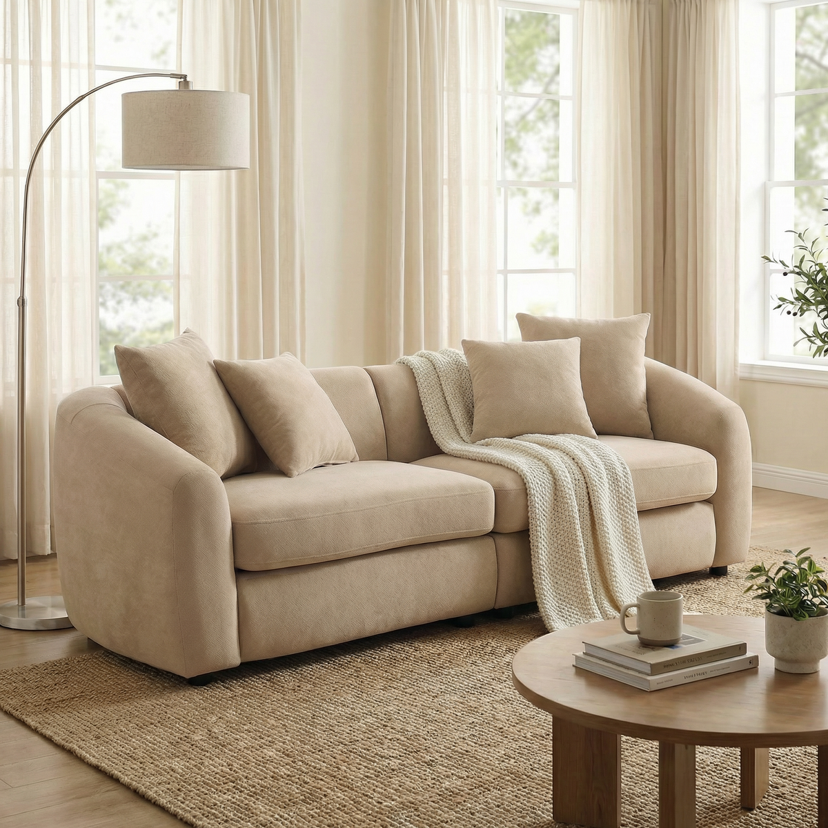 Modern Curved 3 Seater Velvet Sofa with Sturdy Wood Frame - Orange or Camel
