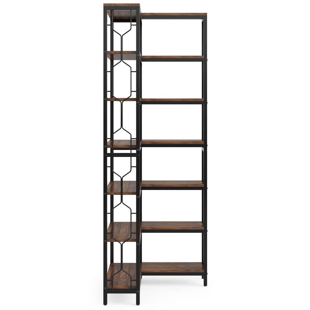 7 Tier Corner Bookshelf with Hexagonal Design - Dark Brown, White, Dark Gray