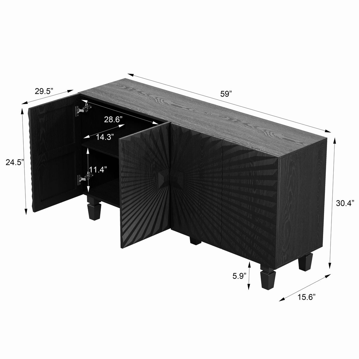 59'' Modern Buffet Sideboard with Sunburst Doors - Black