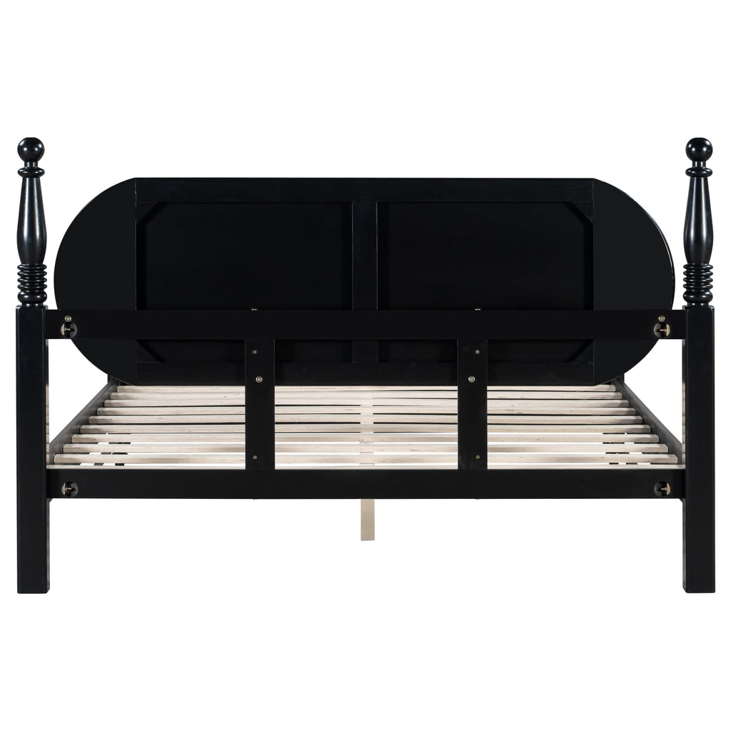 Queen Bed Frame Solid Wood Platform with Upholstered Headboard - Black, Navy Blue