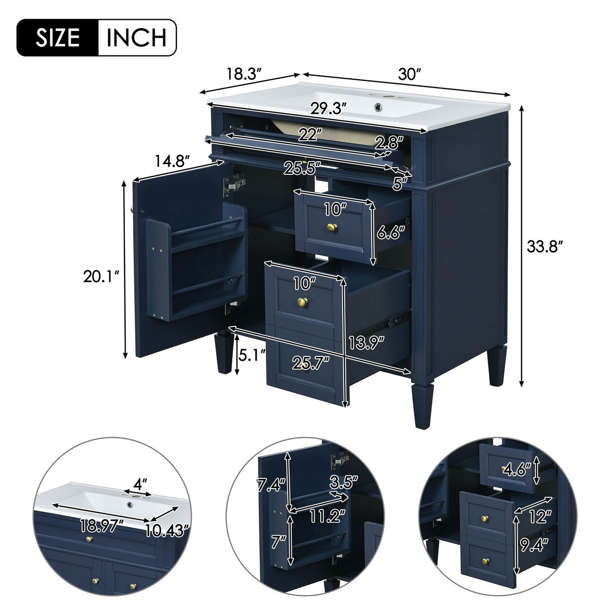 Bathroom Vanity with Ceramic Top Sink and Storage Drawers - Multiple Colors