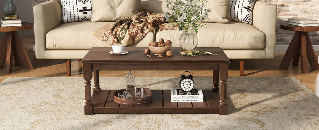 Farmhouse Wooden Coffee Table with Two-Tier Storage - Natural Wood Finish