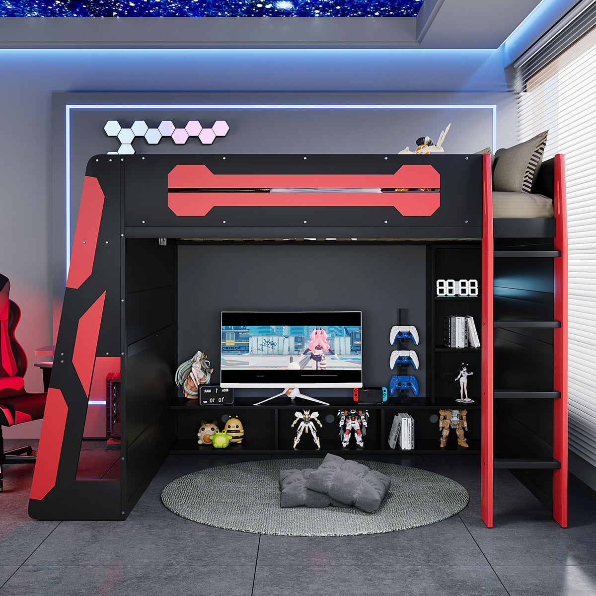 Full Size Wood Loft Bed with Desk, Multi-storage Shelves and RGB Light