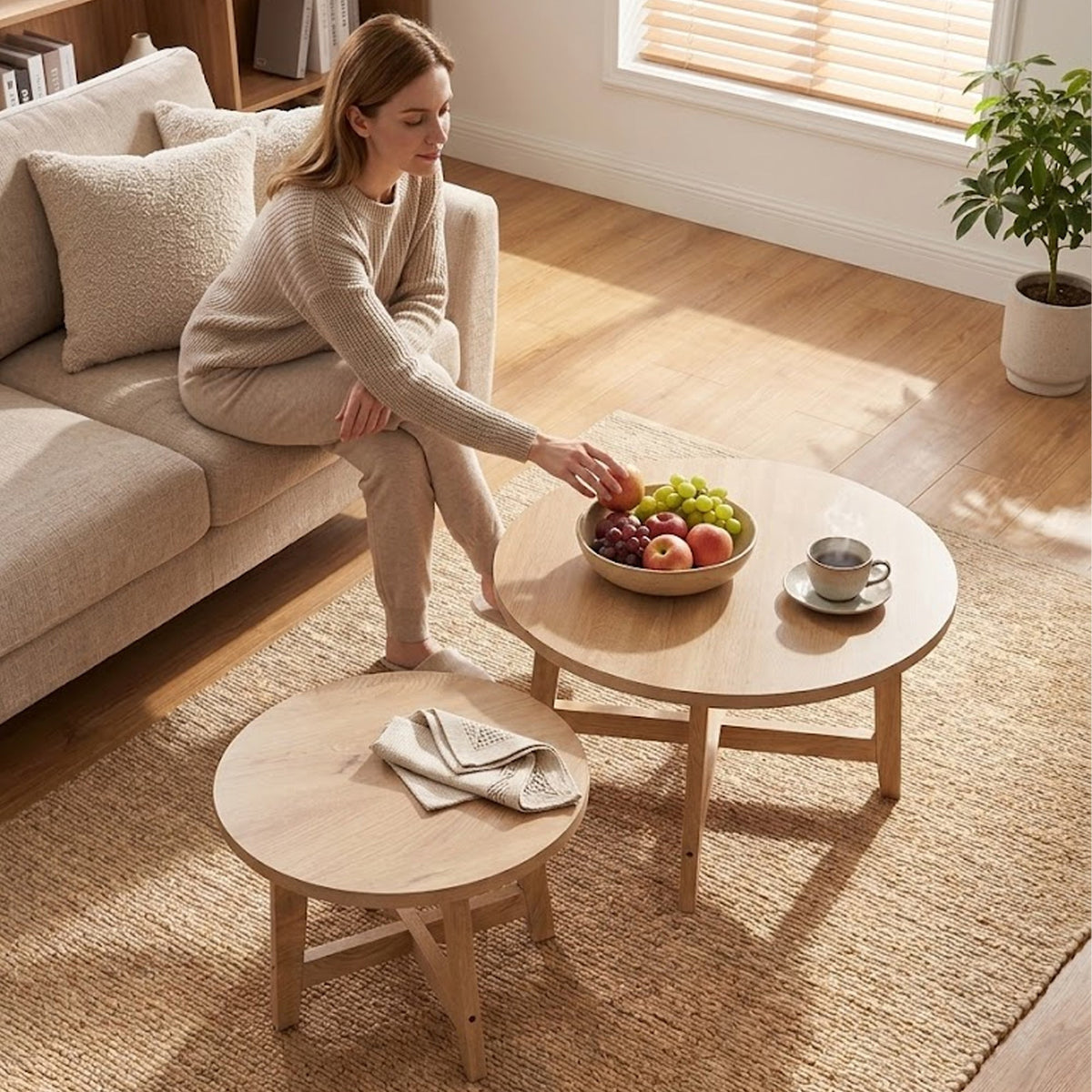 Round Nesting Coffee Tables Set of 2 with X-Cross Support - Natural Wood Finish