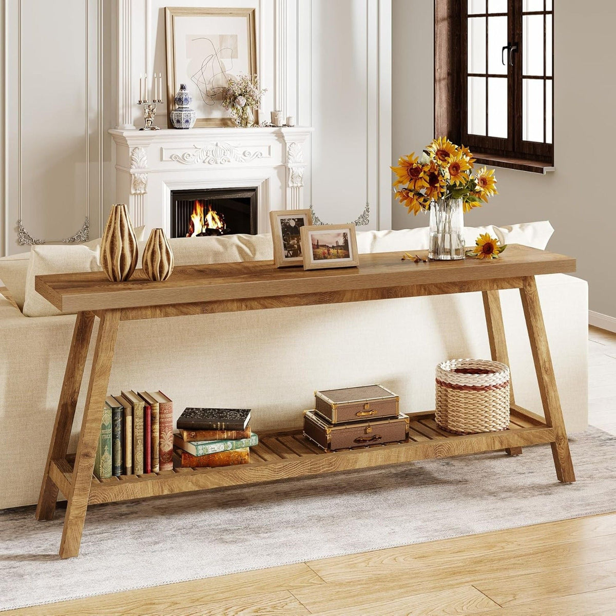 Extra Long Console Table with 2-Tier Open Storage - Farmhouse Style - Brown
