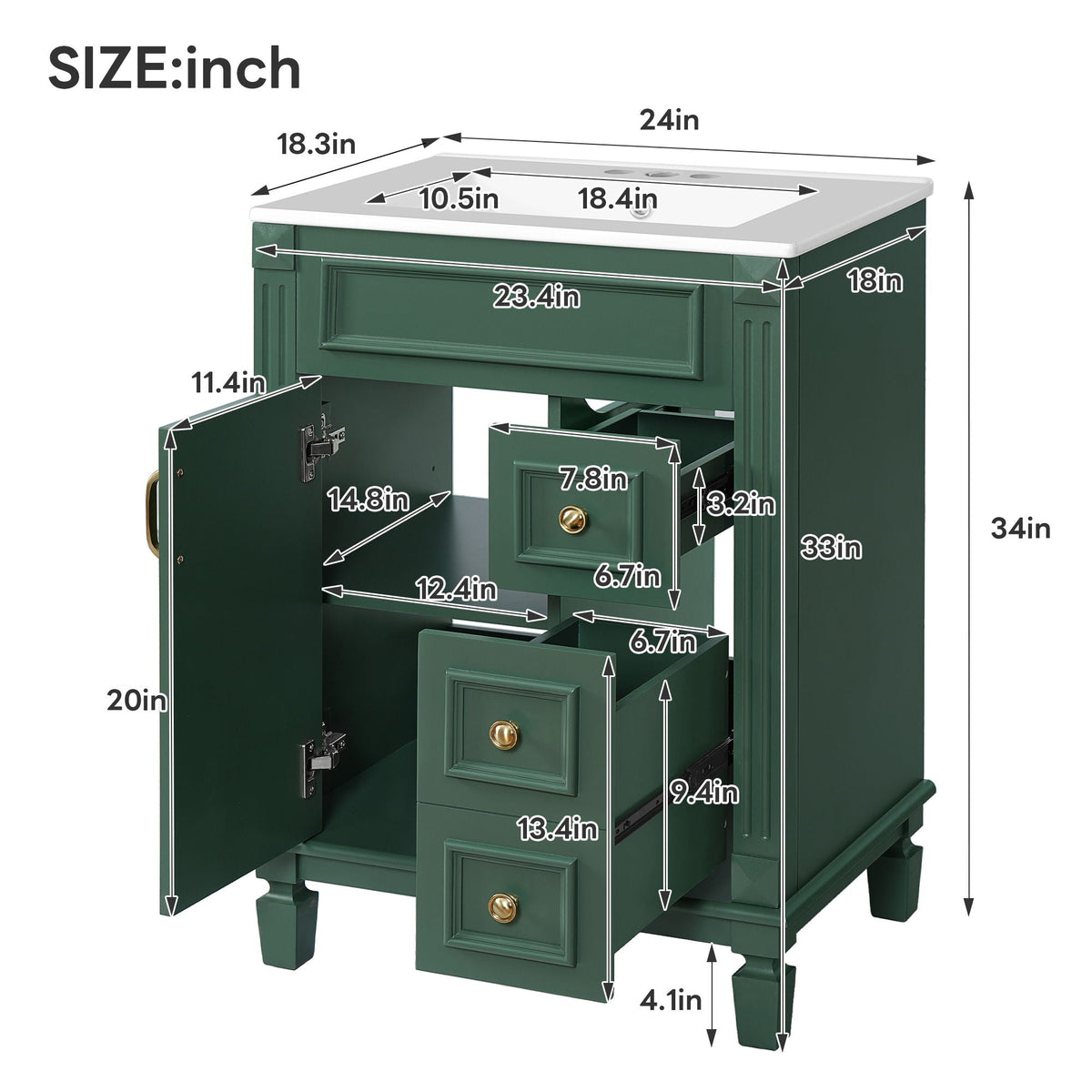 Compact Bathroom Vanity with Ceramic Sink and Storage Drawers - White, Green, Black