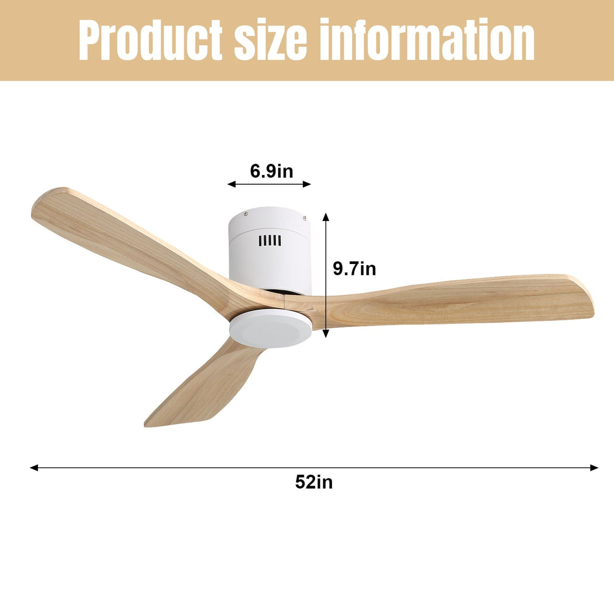 Low Profile Ceiling Fan with 3 Blades and Remote Control - Light or Dark Brown