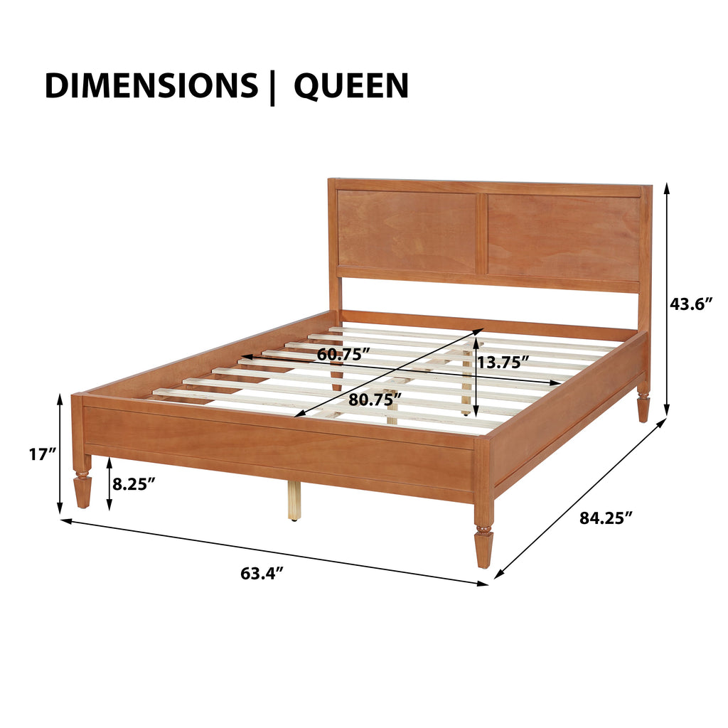 Queen Size Wood Platform Bed Frame with Classic Panel Headboard - Brown or Natural