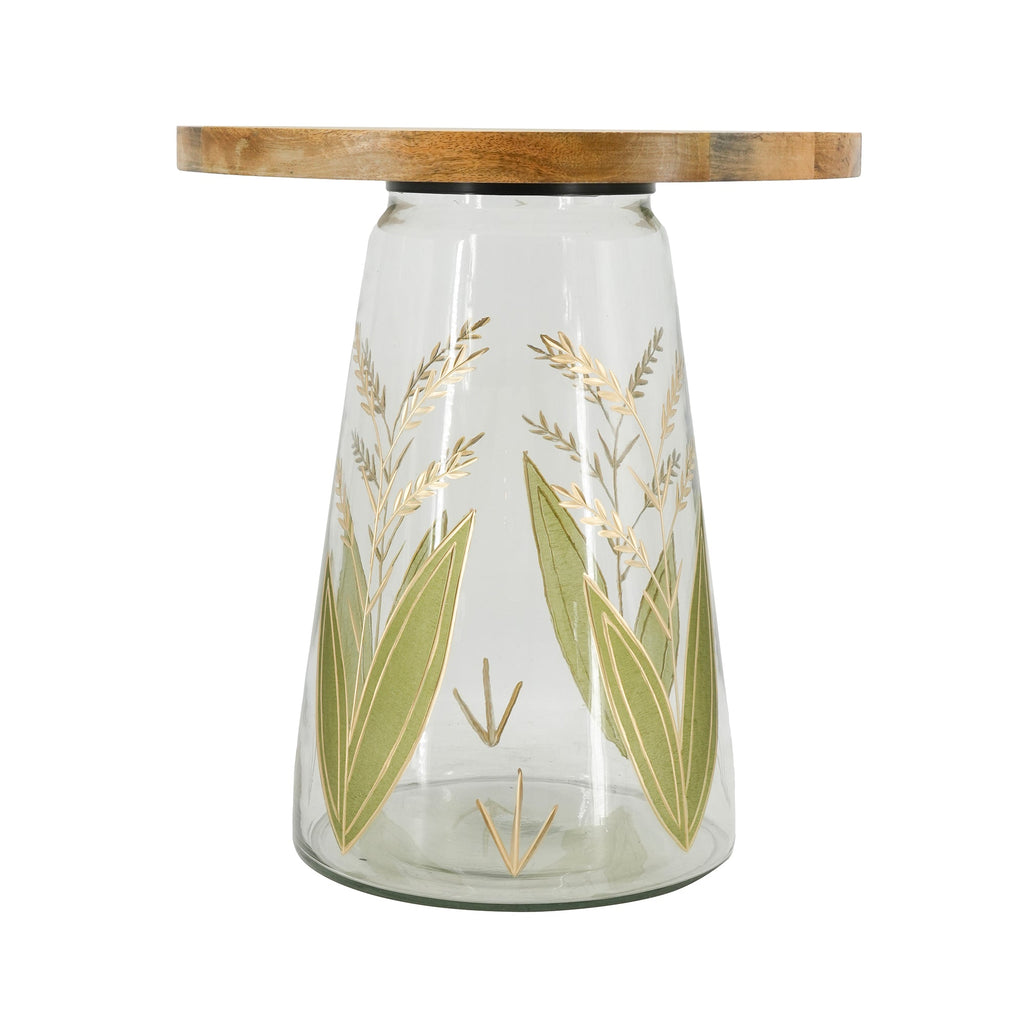 Round Glass Side Table with Hand-Painted Glass Base and Wood Top